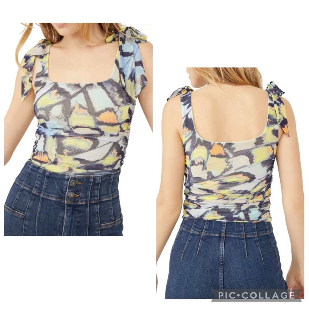 FREE PEOPLE Women’s Butterfly Print Tie Shoulder Mesh Ruched Tank Top Small XS